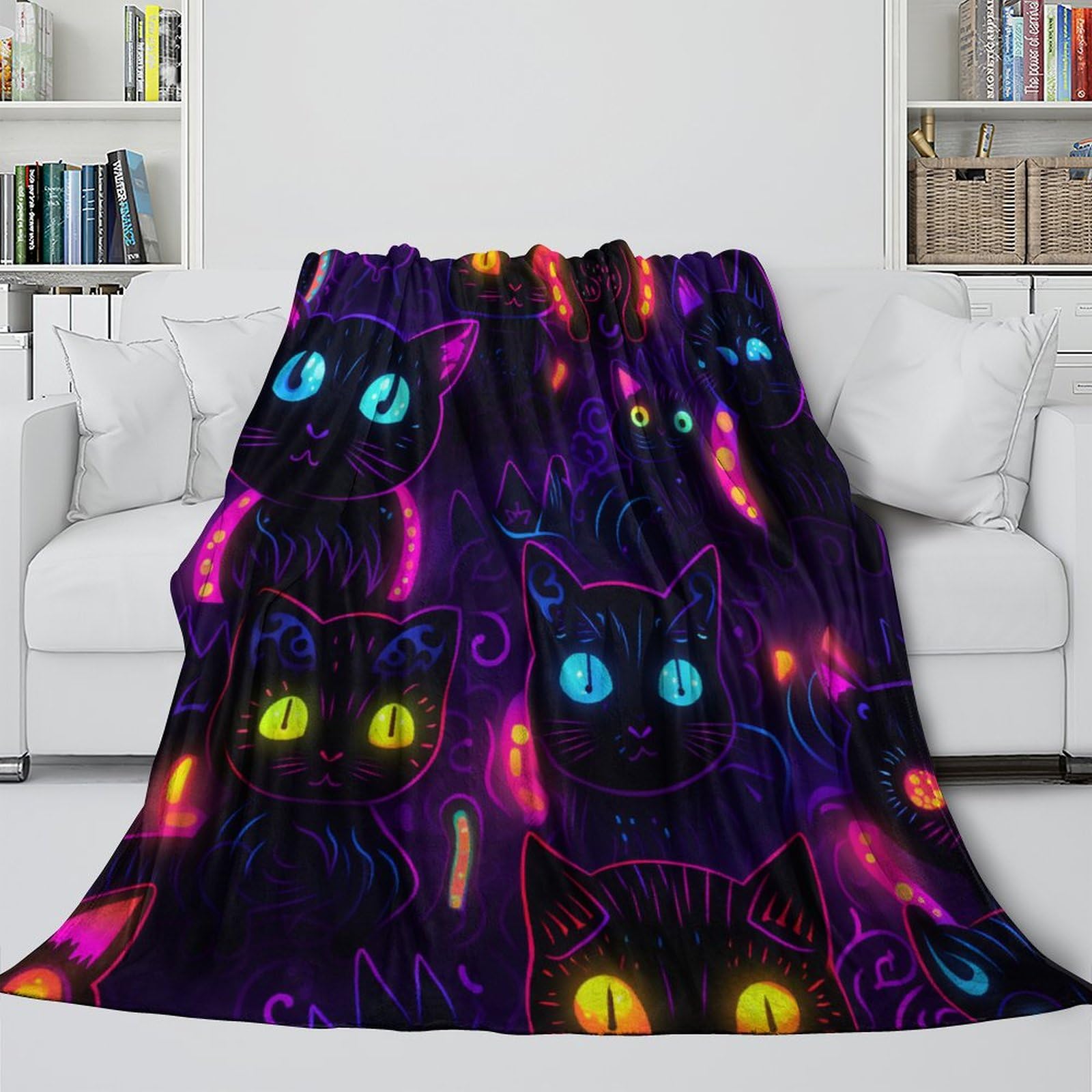 Gattino neon Coperta in Flanella 3D Con Stampa Di Gatto Peluche Coperte Microfibra Caldo Morbida Per Bambini Adulti Coperta Decorata ，per Divano Letto Ufficio 70x80inch(180x200cm)