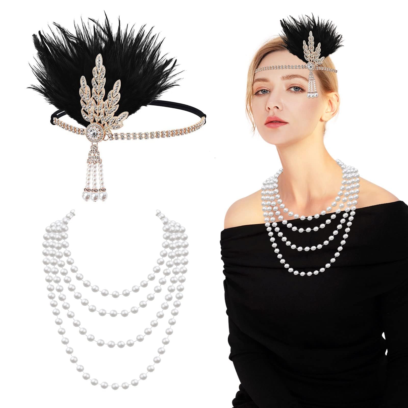 Feather Crystal Headband 1920s Flapper Feather Headband Rhinestone and Long White 1920s Artificial Pearl Necklace, Vintage Fashion Hair Accessories and Necklace for Women (Black and golden)