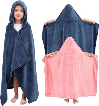 Hiturbo 2Pcs Kids Fleece Hooded Towel Soft Plush Warm Blanket - 50"x30" Pool Beach Bath Swim Towel Wrap for 3-12 Yrs Navy+Pink