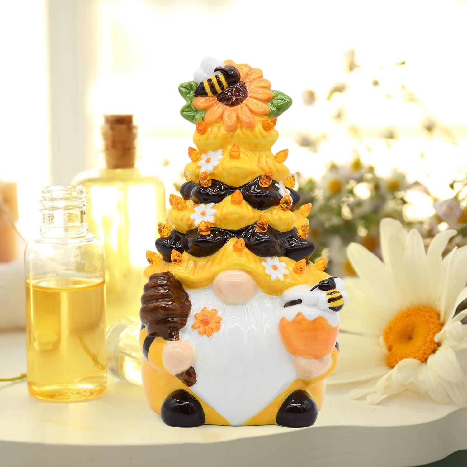 Timer - Spring Bumble Bee Gnomes Decorations Lighted Up Gnome Ceramic Tree, Rustic Farmhouse Kitchen Table Bee Decor, Summer Sunflower Home Decor Gifts - Image 4
