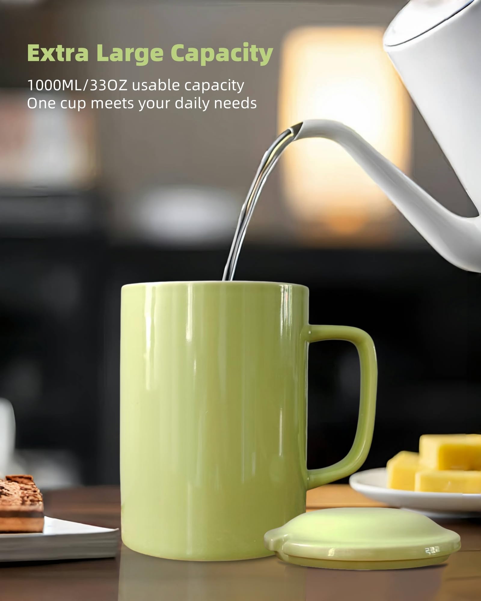 NIUKOMY Extra Große Keramik Kaffeetasse 1 Liter mit Deckel Löffel, Hellgrün