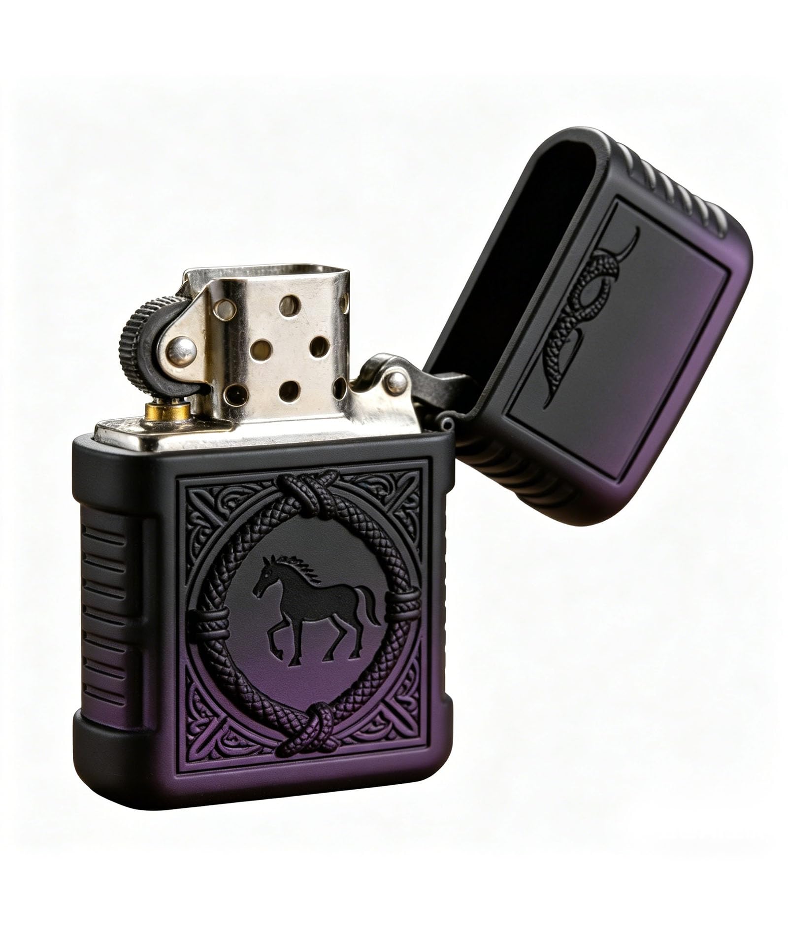 Vintage Horse Carved Kerosene Lighter Windproof Open Flame Wheel Grinding Flip-Top Lighters for Outdoor Use (A)