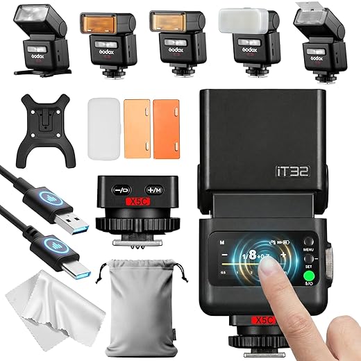 Godox IT32 TTL Camera Flash with X5C Flash Trigger for Canon Cameras,Magnetic Hotshoe&Trigger 2-in-1,Colorful Touch Screen,Rotatable Flash Head,X System TTL&HSS,LED Modeling Light,Creative Accessories