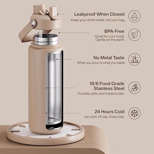 Miniatura 393 de ENCOOL Botella de agua aislada con popote, de acero inoxidable, a prueba de fugas, sin BPA, al vacío de doble pared que se mantiene fría durante 24