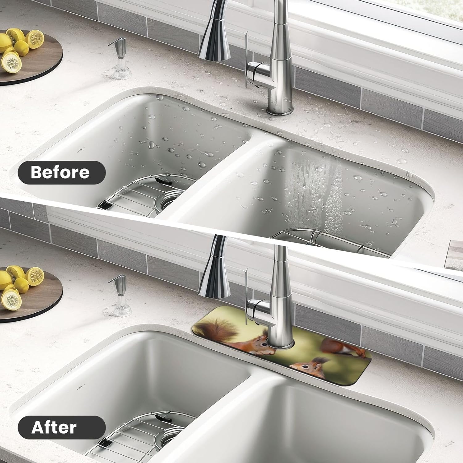 Splash Guard Mat For Kitchen Sink , Super Absorbent Fast Drying Faucet Mat Cute Squirrels Draining Mats Sink Gadgets Behind Faucet Sinkmat For Kitchen Bathroom 15"X5.5" image 4
