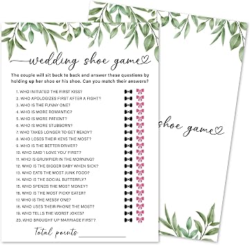 Wedding Shoe Game Cards, Greenery Wedding Shower Game, 30 Wedding Games Cards, Botanical Bridal Shower Games Engagement Party Favors Supplies - L06