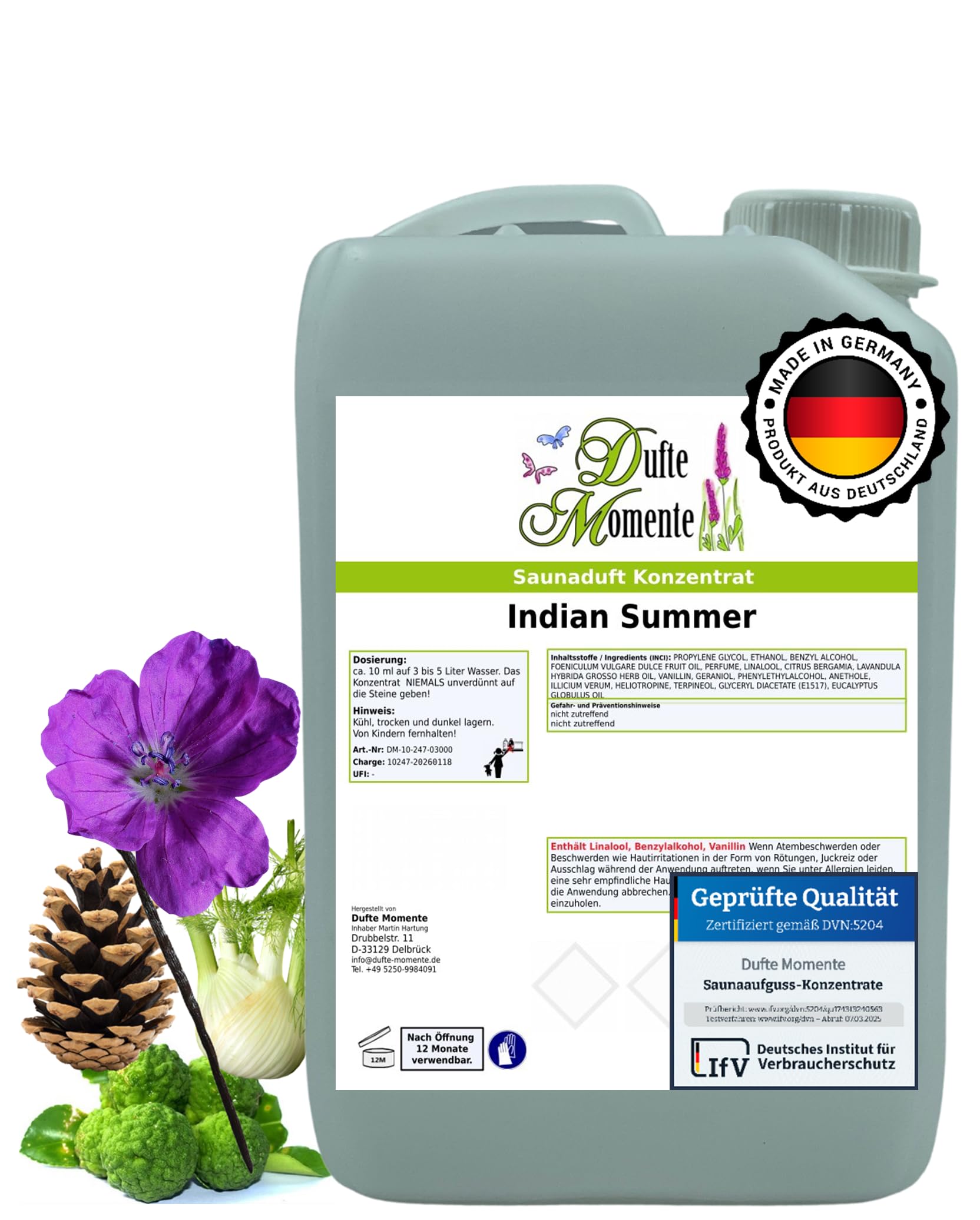 Dufte Momente Saunaaufguss-Konzentrat Indian Summer (Bergamotte, Fenchel, Geranium, Latschenkiefer & Vanille) – 3 Liter – Profi-Qualität gemäß DVN:5204 getestet – vegan & Made in Germany