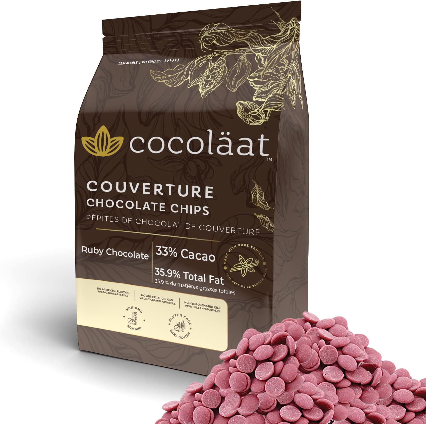 Cocolaat Ruby Chocolate Chips | For Snacking, Baking, or Melting | Crafted from the Ruby Cocoa Bean, No Colourants, No Fruit Flavorings | Ruby Couverture Chocolate Wafers | 2 Pound