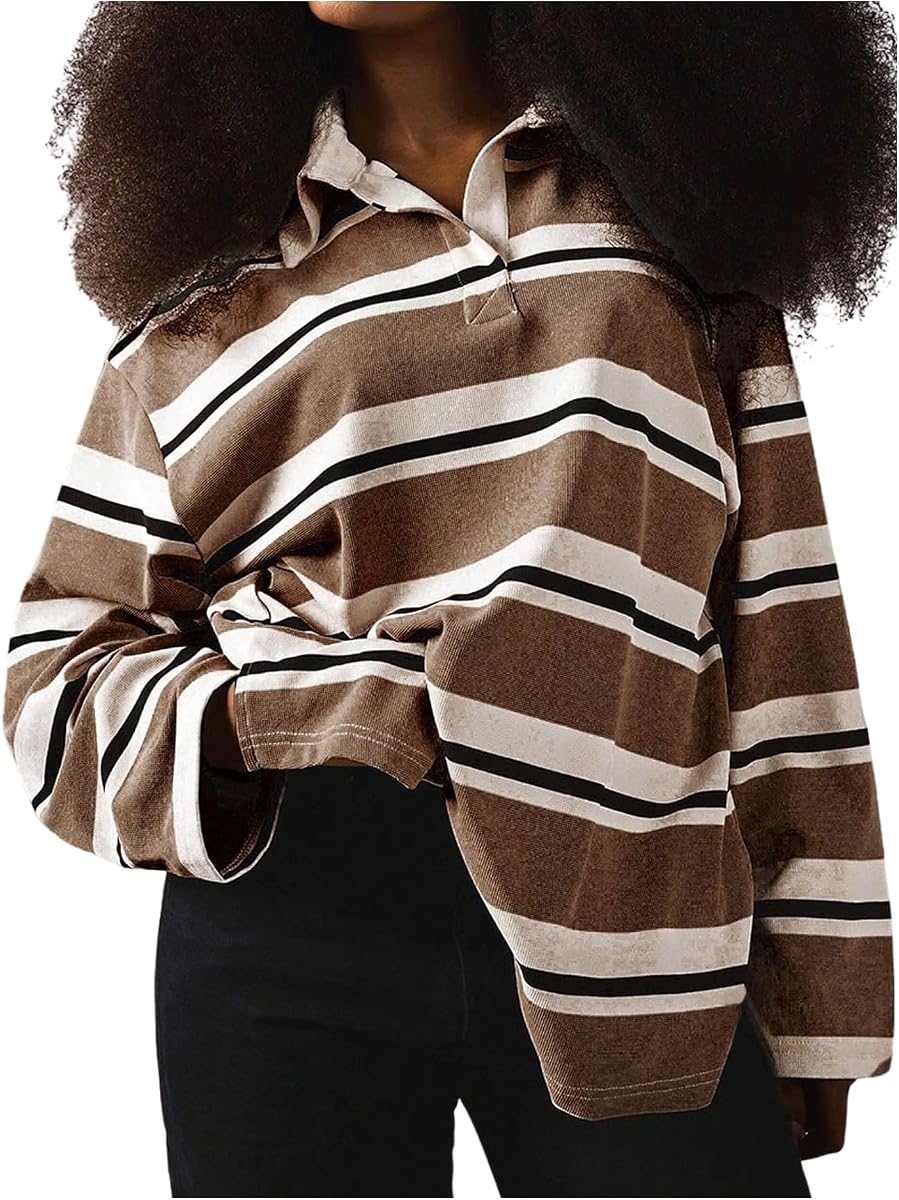 SweatyRocks Women's Striped Oversized Sweatshirt Long Sleeve Collar Pullover Rugby Shirts