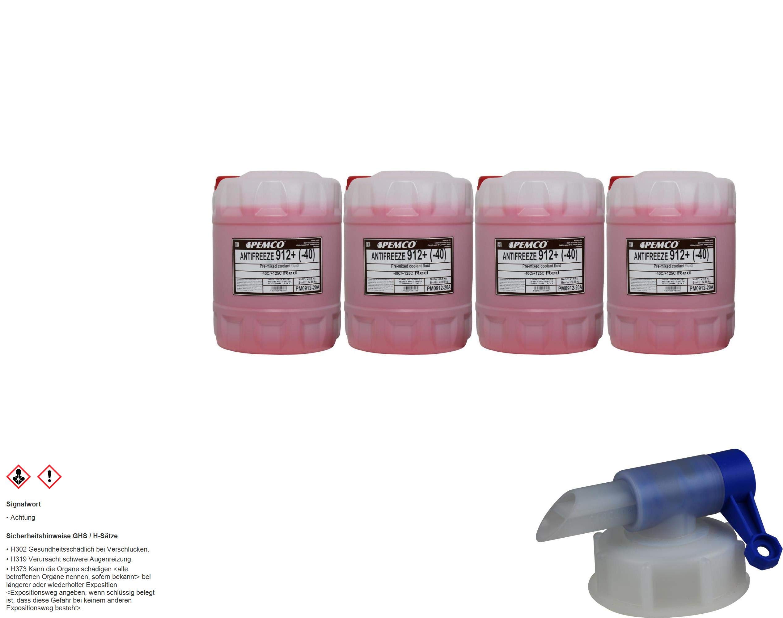 4x 20 Liter PEMCO Kühlerfrostschutz Antifreeze 912+ (-40) rot red + Auslaufhahn G12+