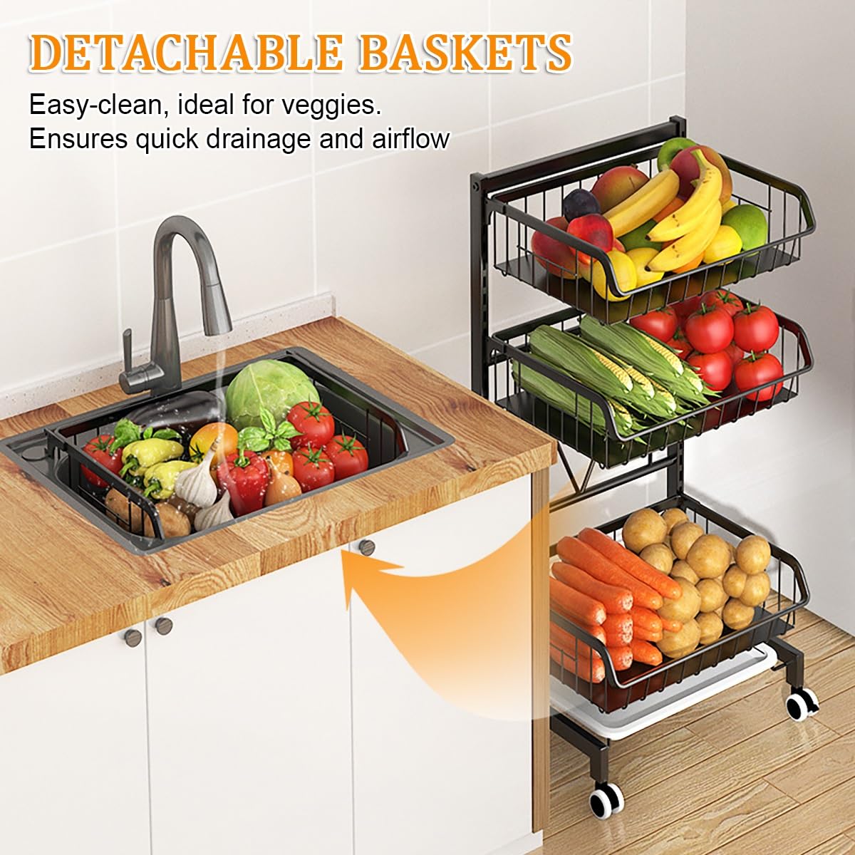 Carrello portafrutta con Ruote, Organizer a 4 Ripiani in Rete Metallica con Ruote, scaffale Multiuso Regolabile per Cucina o dispensa, per esporre Frutta e Verdura.
