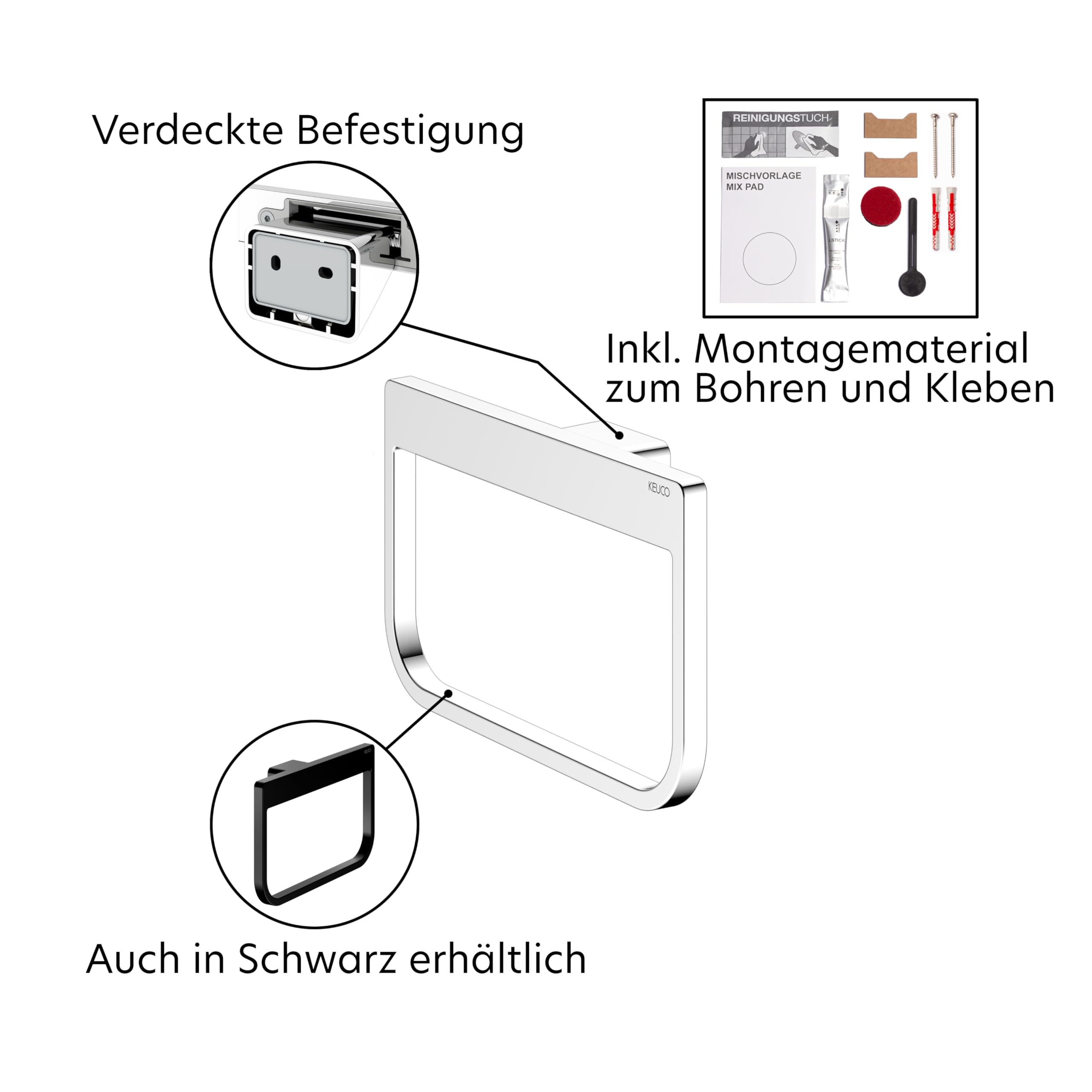 KEUCO Rose Handtuchring 24 cm, geschlossen, ohne Bohren, Metall verchromt, inkl. Klebeset und Schraubset, Handtuchhalter zum Kleben oder Schrauben