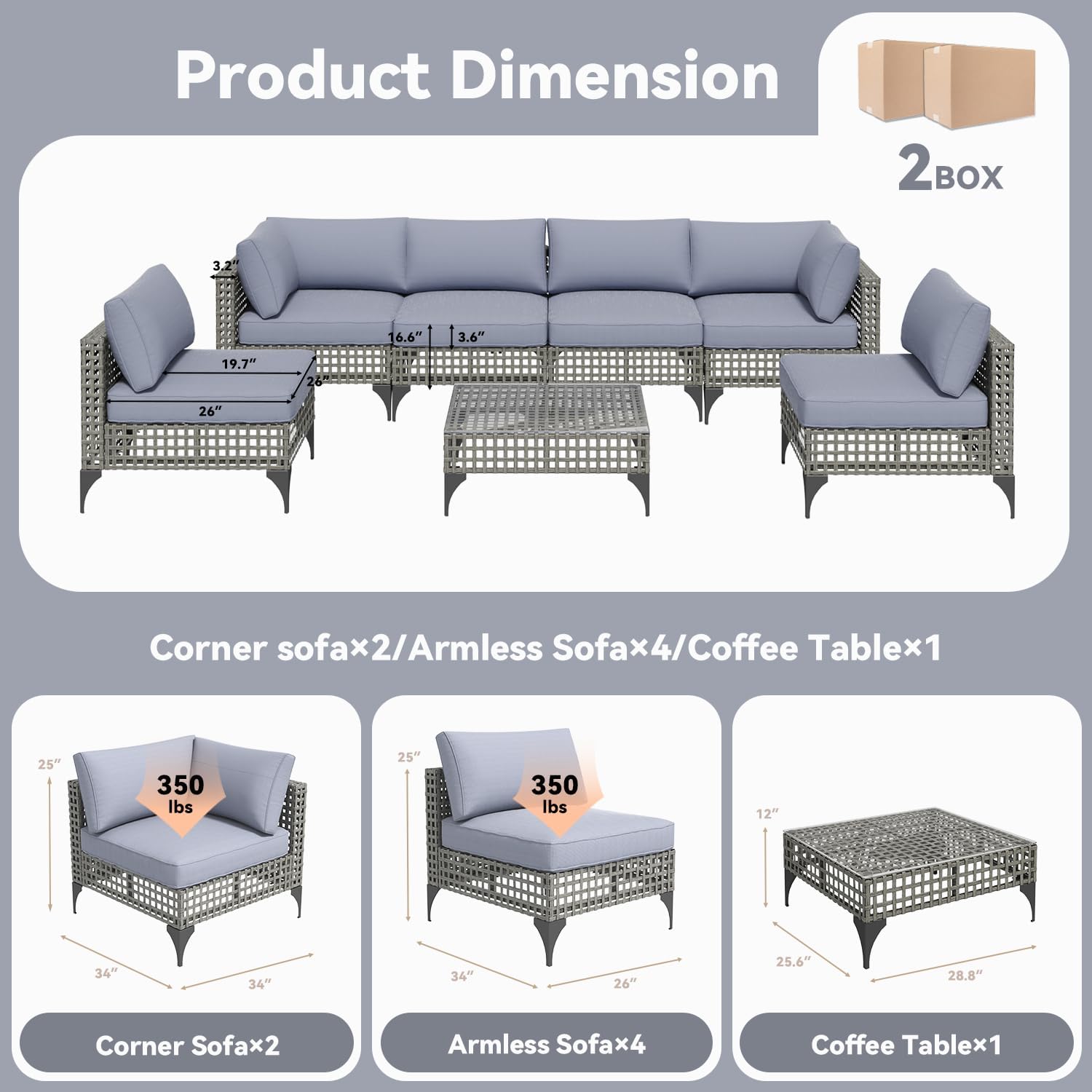 AECOJOY 7-Piece Patio Outdoor Furniture Set with Tea Table, Boho Outdoor Sectional Furniture Sofa PE Rattan Wicker Conversation Set, Grey Rattan&Blue Cushions