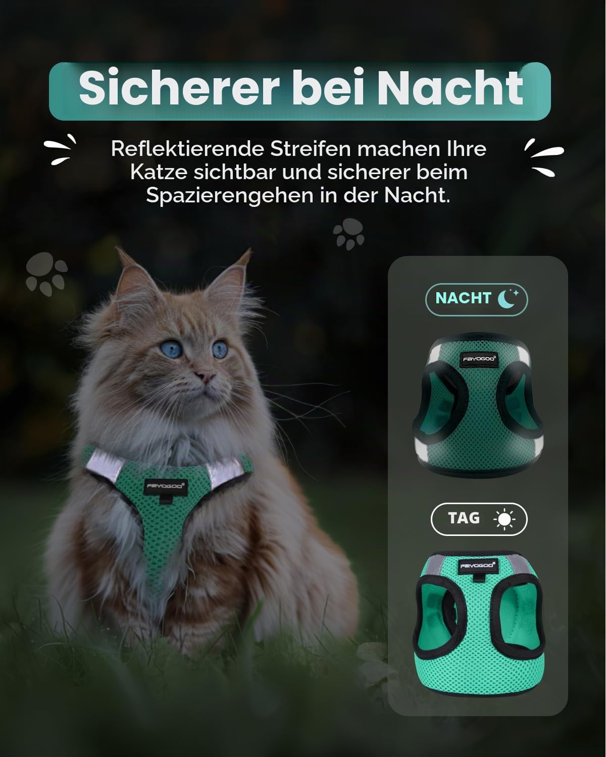 FAYOGOO Katzengeschirr mit Leine Ausbruchsicher einfach anzulegen Set Verstellbar Brustgeschirr für Katzen und Kitten Soft Harness mit Klettverschluss Katzenleine Schleppleine
