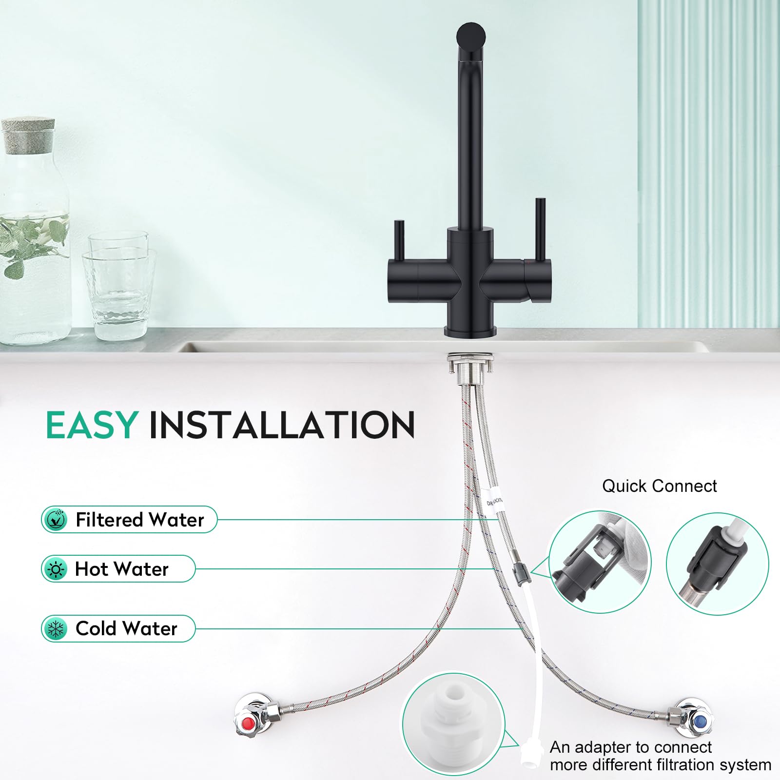 CREA Grifo Cocina 3 Vías, Grifo Osmosis con 2 Palancas,Negro Mate | Grifo Mezclador 3 en 1 Para Filtro De Agua, Fregadero con Agua Fría y Caliente y Agua Filtrada, gHiratorio 360°