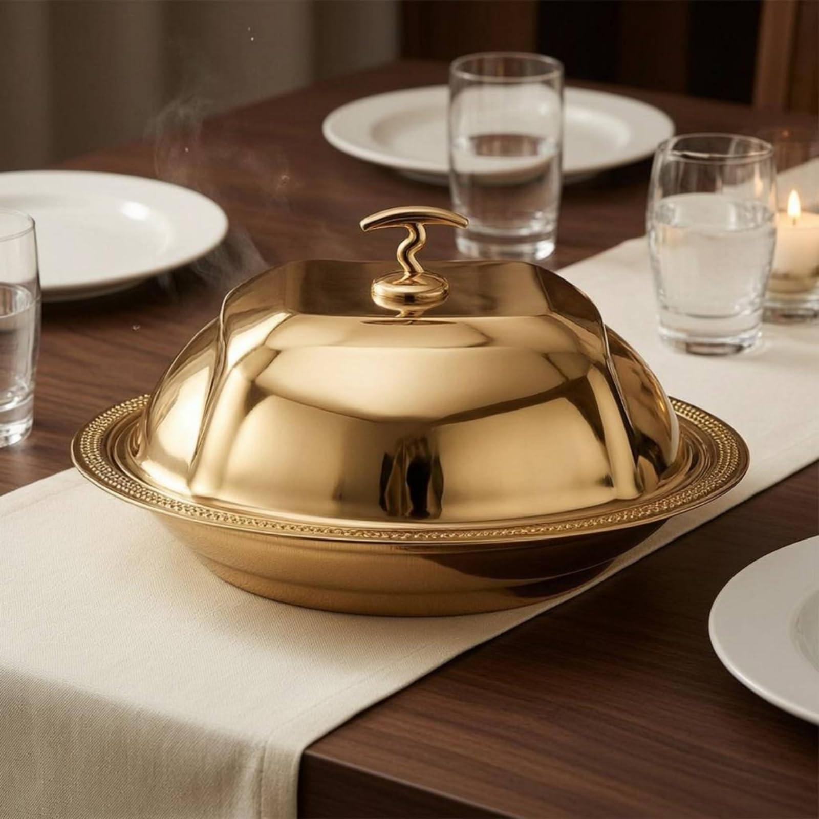Coprivassoio da Portata Cupola per Servire Coperchio Vassoio Campana per Pietanze in Acciaio Inox Rifinito con Base Coordinata Adatto per Catering, Oro, 36cm
