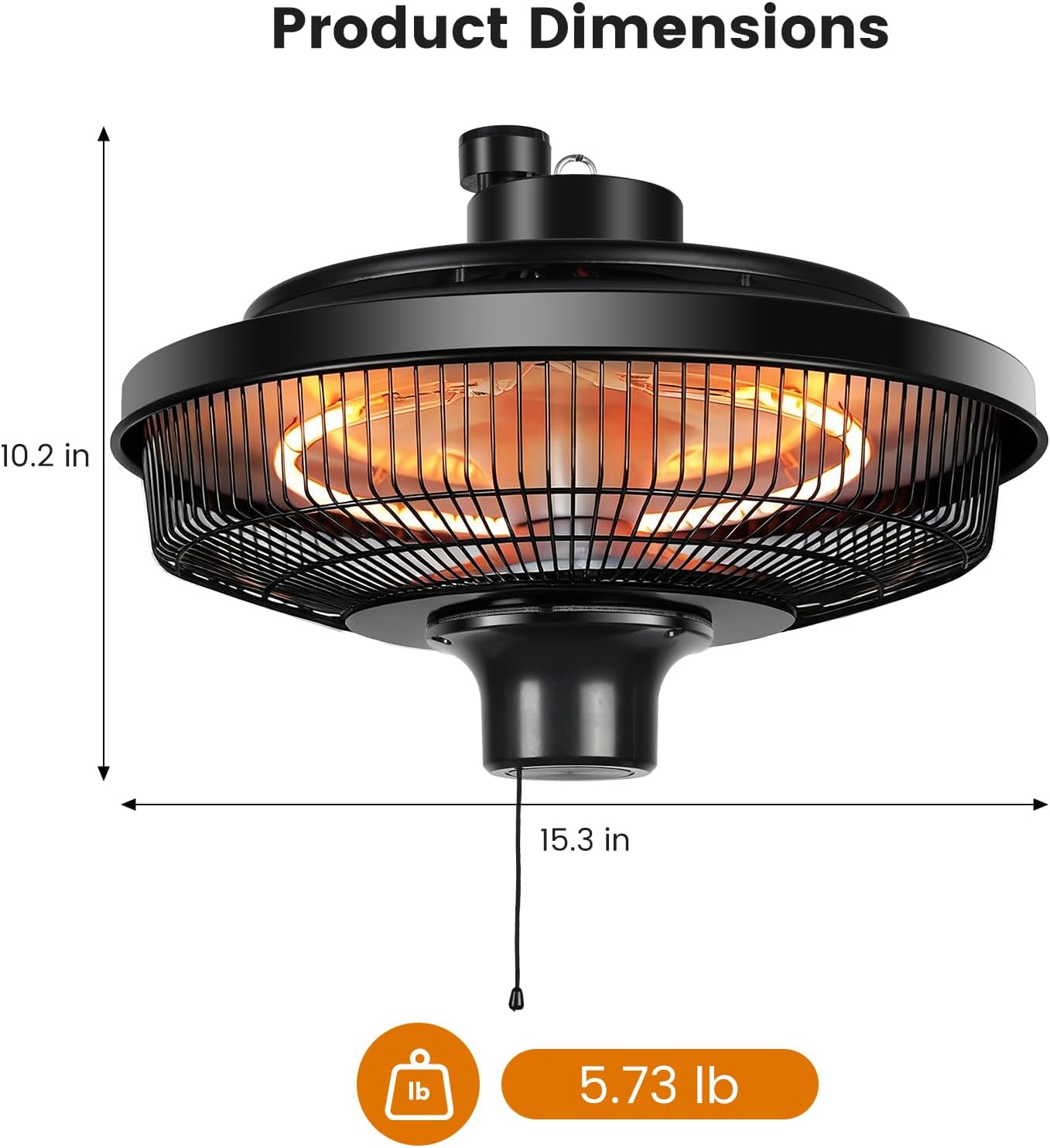 Hanging Patio Heater, 1500W Electric Infrared Heaters for Home, Gazebo, Garage, Greenhouse, Ceiling Mount with Overheat Protection, IPX4 Water Resistance, Adjustable Height (Black)