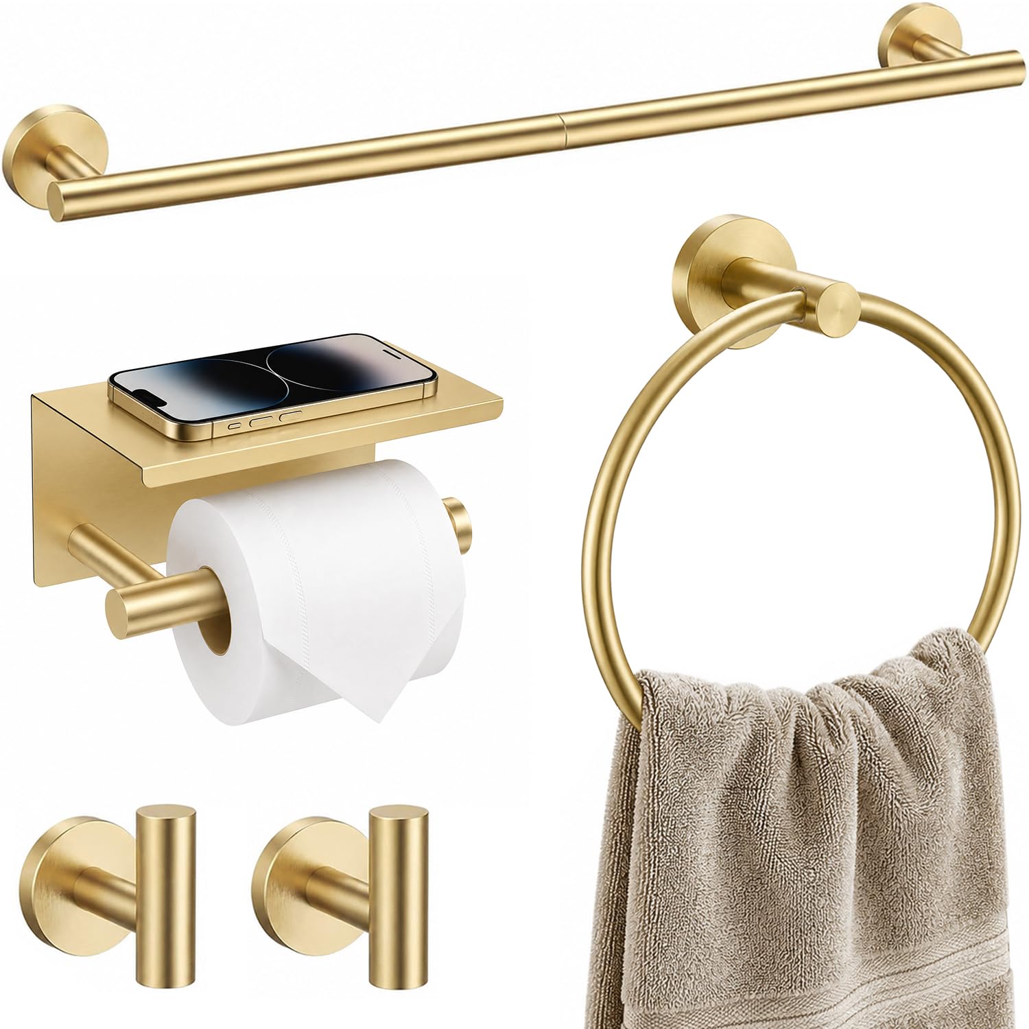 Brushed Gold Bathroom Accessories Set, 7 Pieces Gold Towel Bar Bathroom Hardware Set, 31.5 Inch Towel Racks for Bathroom, SUS304 Stainless Steel Bathroom Towel Holder Toilet Paper Holder Wall Mounted — Amazon image 10