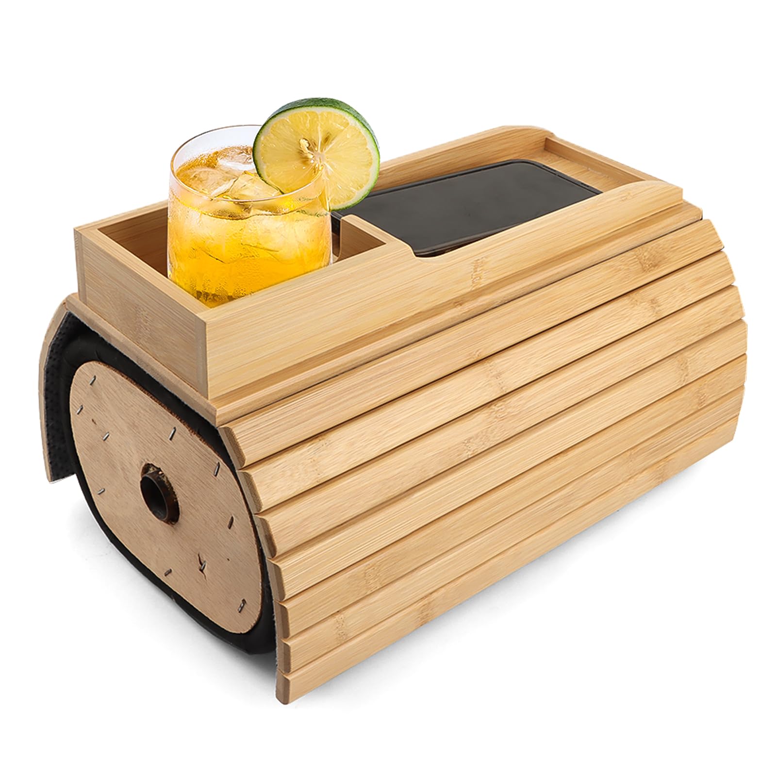 Bamboo Sofa Armrest Tray With Cup Holder, Anti-Slip Foldable Table for Drinks Cellphone, Remote Control, Brown - Image 3