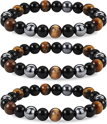 Miniatura 1 de Tobilleras de obsidiana negra para mujeres y hombres 3 piezas de tobillera magnética antihinchazón con cristales de protección de turmalina piedras