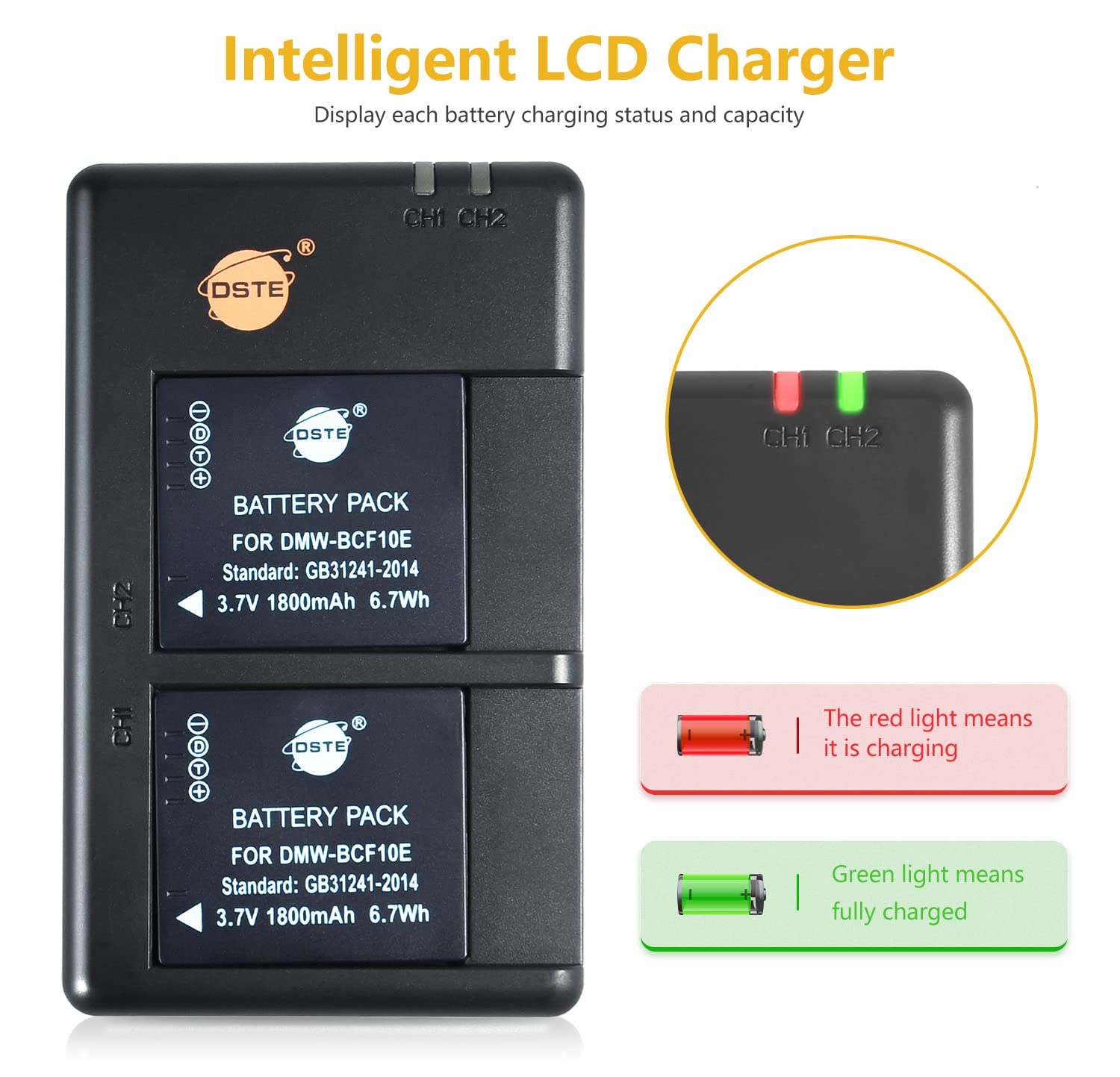 DMW-BCF10 BCF10E BCF10PP Lot de 2 batteries de rechange rechargeables et double chargeur compatibles avec appareils photo DMC-FH3, DMC-FT4, DMC-FX68, DMC-FX550, DMC-TS3, DMC-FH20, DMC-FX60, CGA-S106B,