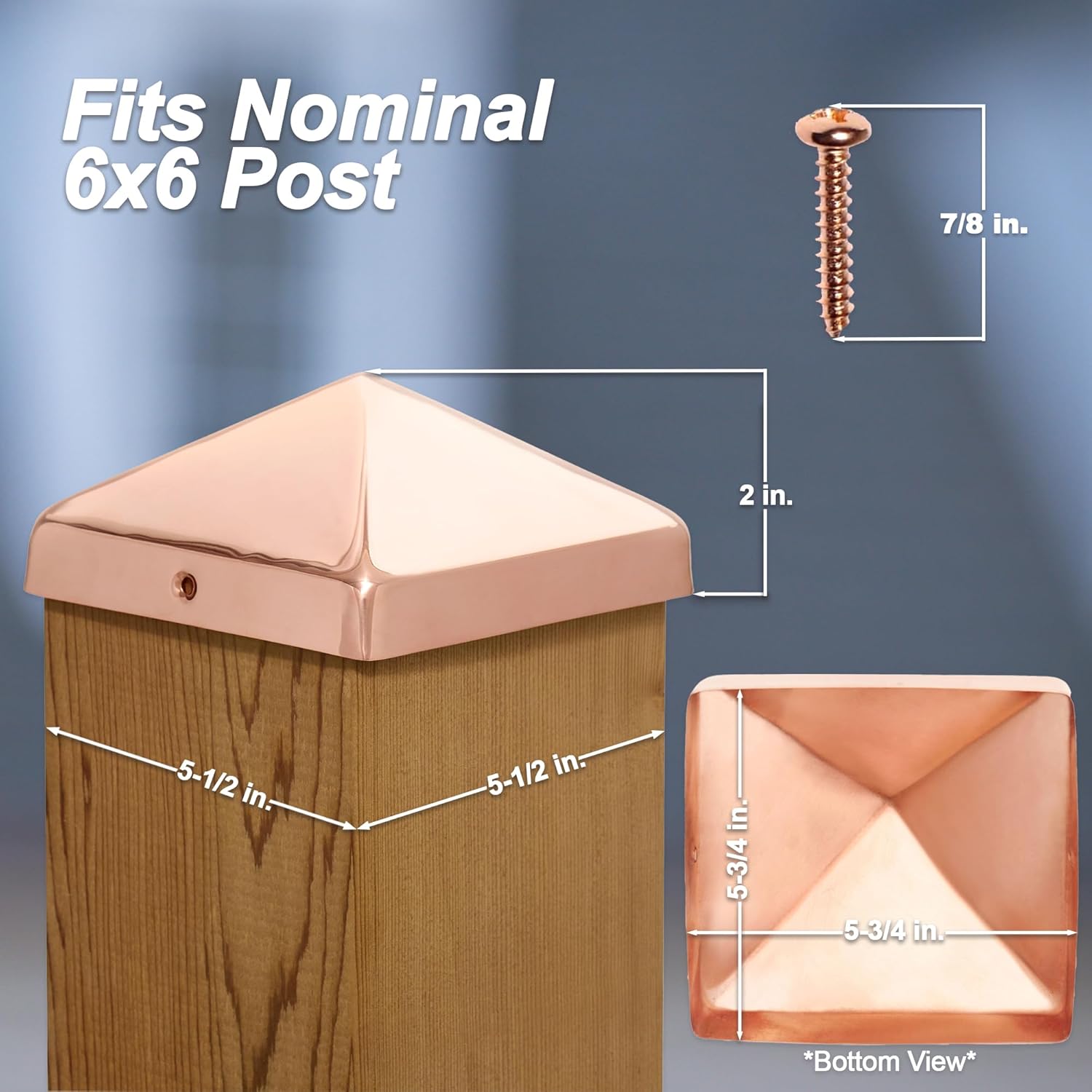 6x6 Copper Pyramid Post Caps (4-Pack) - Extended Lip - Solid Copper - Will Patina Naturally (5-1/2" x 5-1/2") (4, 6x6)