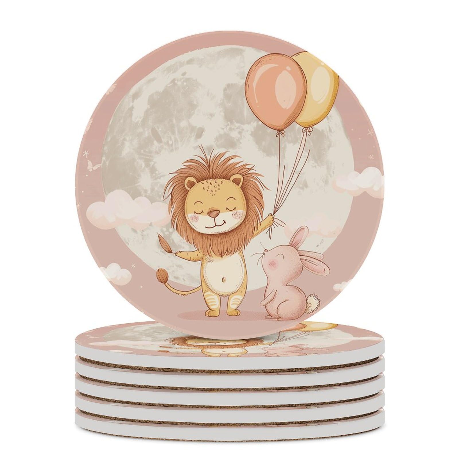 Dessous de verre en céramique lot de 6 avec liège absorbant motif lion