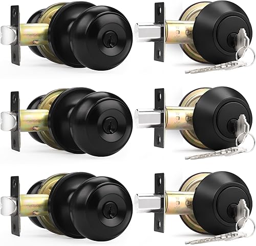 Probrico Juego de cerradura de perilla de puerta de entrada y cerrojo de doble cilindro, negro plano (paquete de 3) con llave igual
