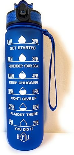 Botella de agua motivacional con marcadores de tiempo (azul rey)