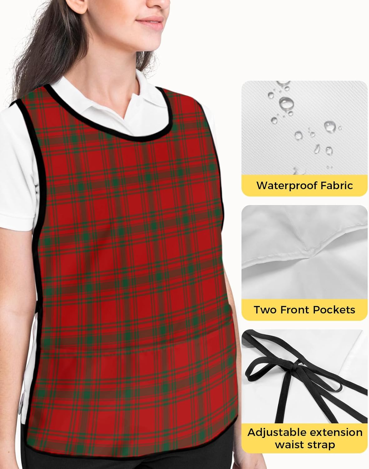 Red Lattice Cobbler Aprons with 2 Pockets for Women Men, Christmas Plaid Red Black Country Check