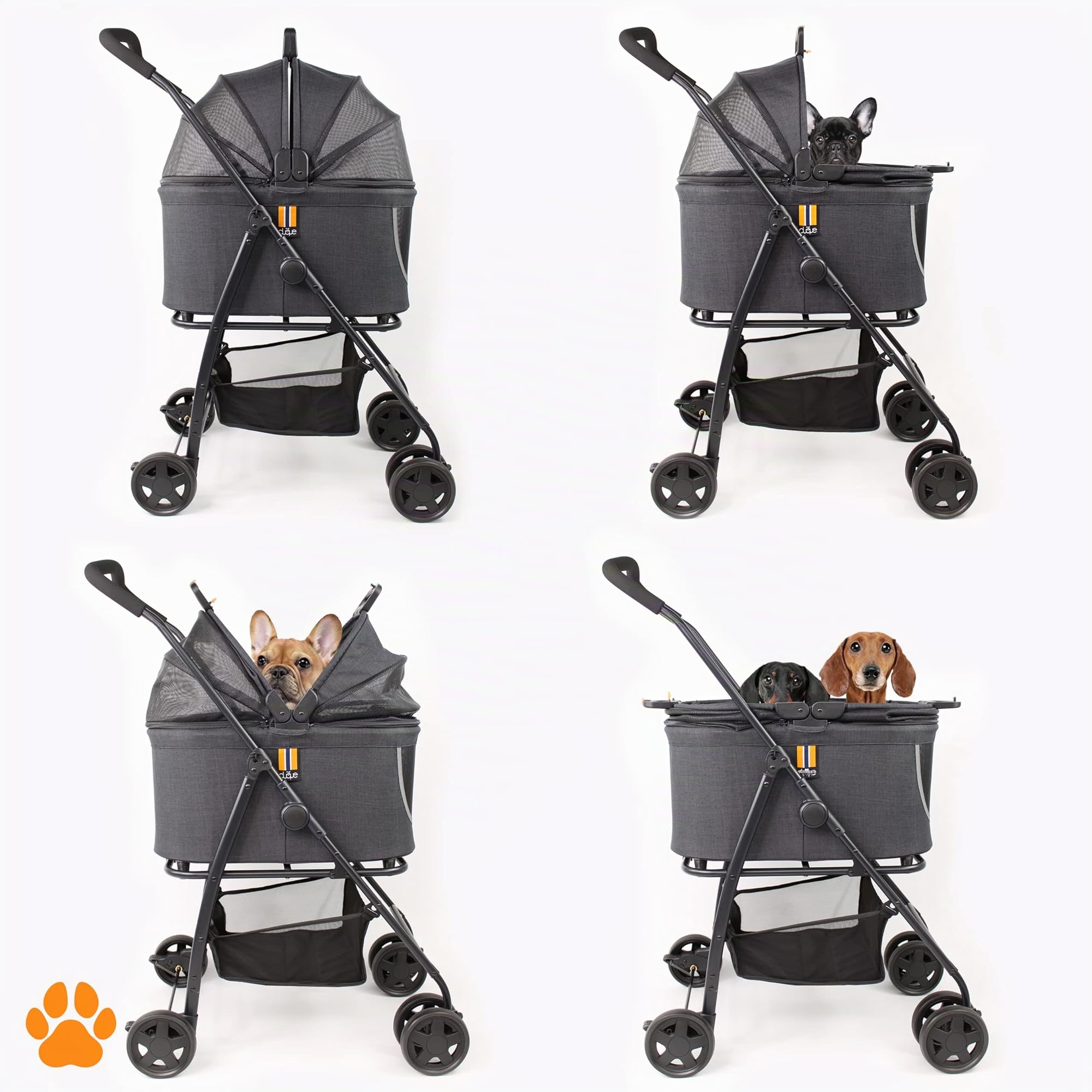 Modello Coco 2IN1: passeggino per cani e animali domestici fino a 15kg con cesto extra per acquisti o accessori per animali, da piegare su ruote flessibili e maneggevoli dal design moderno