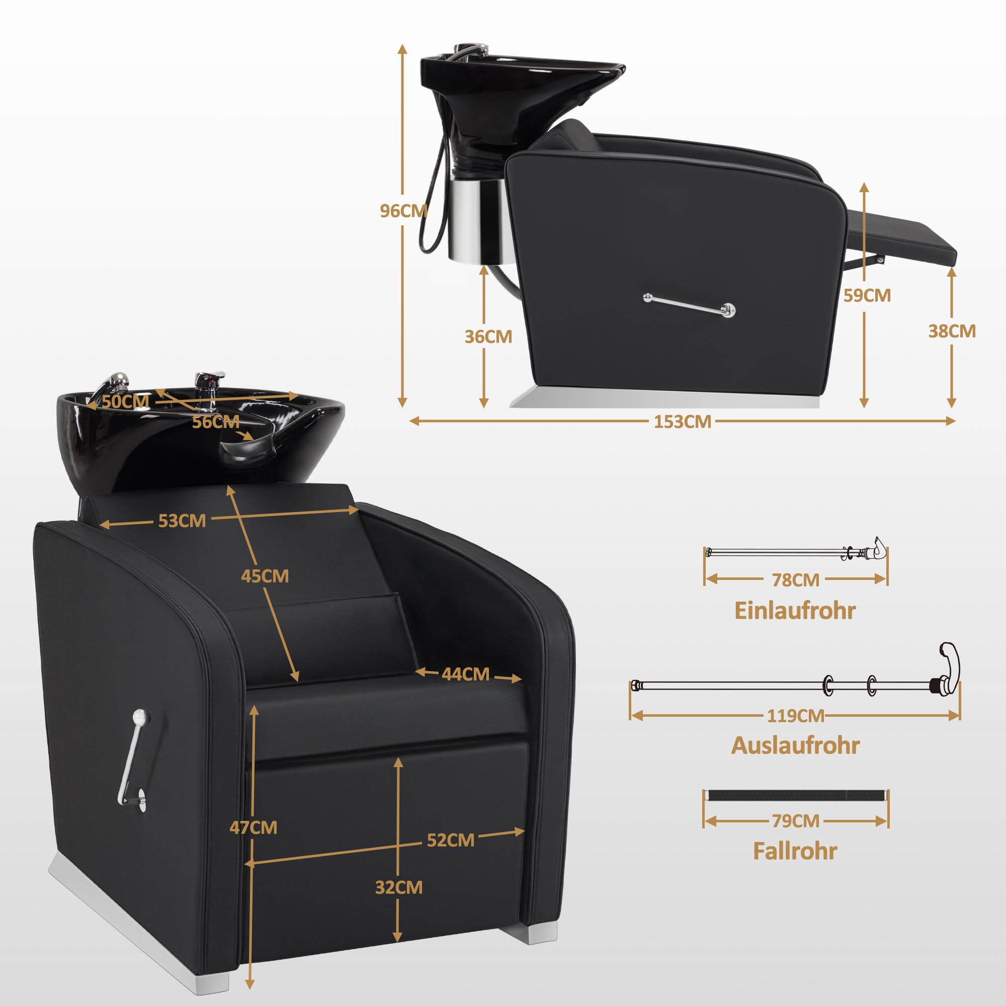 Barberpub Friseurstuhl mit Waschbecken, Friseur Waschbecken aus Keramik Verstellbar, Friseur Waschplatz Friseurwaschsessel, 8679 (Schwarz)