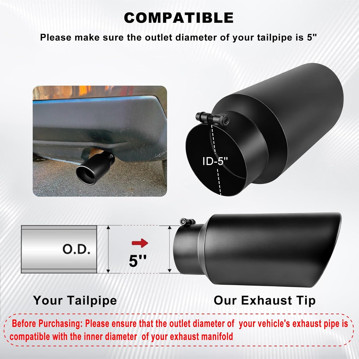 Mupera 5 Inch Inlet Exhaust Tip, 7" Outlet, 15" Long Powdercoat Black Exhaust Tips for Universal 5 Inch Outside Diameter Exhaust Tips, Tail Pipe Exhaust Tips 5" Inlet with Bolt-On