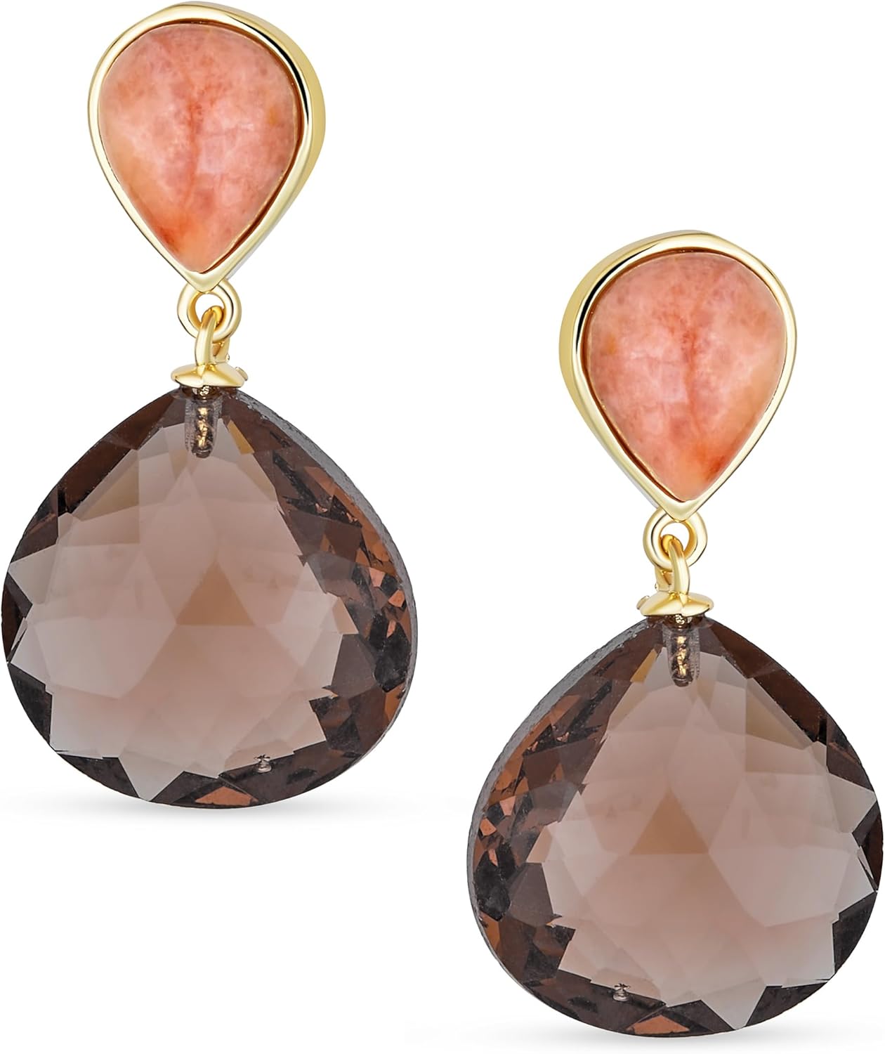 Elegant Translucent Gemstone Briolette Peach and Chocolate Brown Pear Shaped Natural Smoky Quartz Faceted Teardrop Drop Earrings For Women 14K Gold Plated