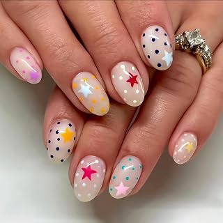 24Pcs Colorful Star Polka Dot Press on Nails Short Almond Fake Nails Colorful Polka Dot Nails Press ons Five Pointed Star Acrylic Nails Kit Reusable Stick on Nails False Nails for Women Manicure