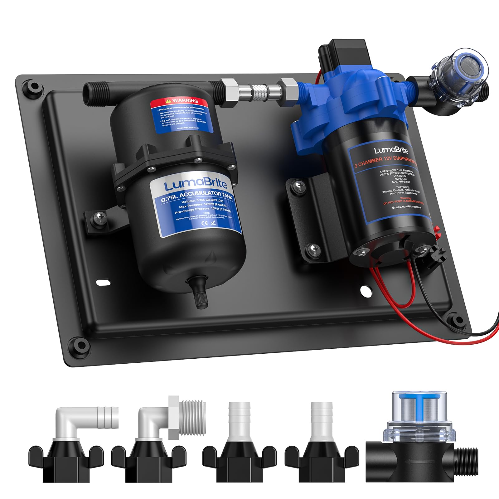 LumaBrite Water Pump and Accumulator Tank System, 12V Caravan Water Pump 3.0GPM 50PSI Self-Priming & 0.75L 125PSI Pre-Pressurized Accumulator Tank for Boat, Campervans, RV, Motorhome