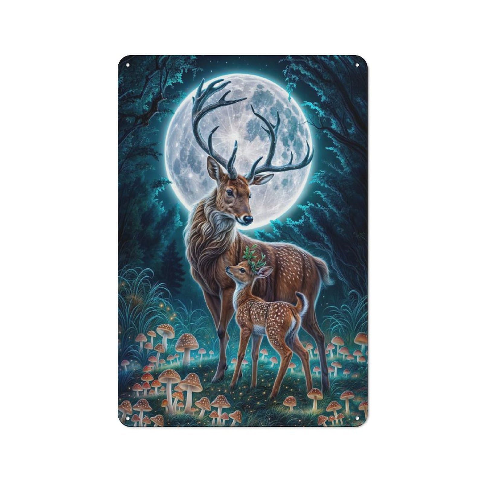 Junmoney Deer Fawn Moonlit Forest Retro-Style Tin Sign 30X20cm For Home Bar Wall, With Clear Retro Wall Decor Character