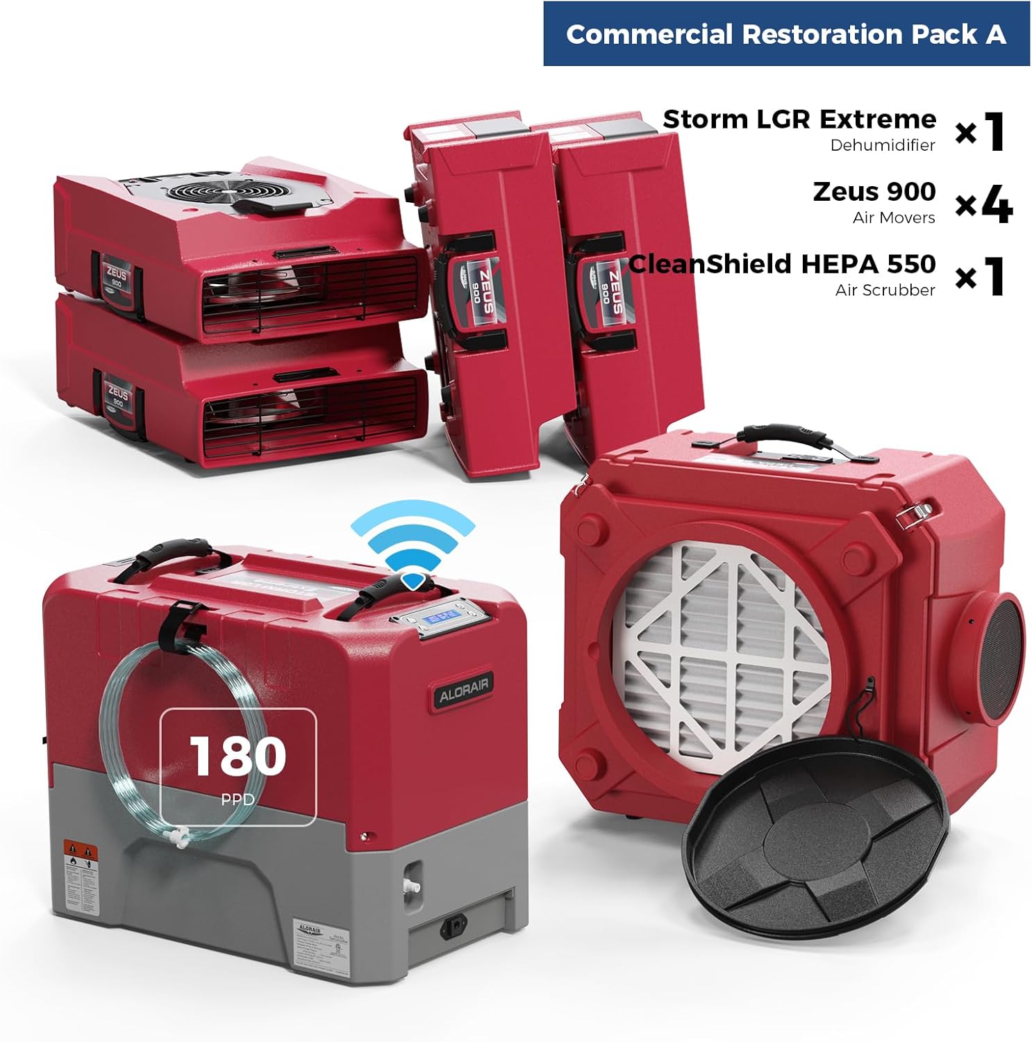 ALORAIR 1 x WiFi Commercial Dehumidifier, 4 x Air Movers and 1 x Air Scrubber Combo Package Deals, Water Damage Restoration Equipment, Red