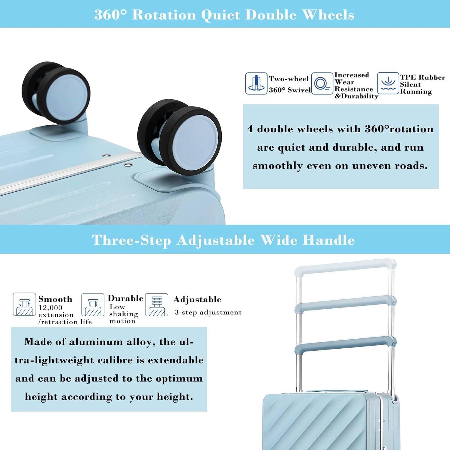 Somago Carry On Luggage Wide Handle 20 Inch Suitcase with Front Compartment Aluminum Framed PC Hardside 22x14x9 No Zipper Business Baggage with Spinner Wheels USB Charging Port TSA Lock (Light Blue) - Image 5