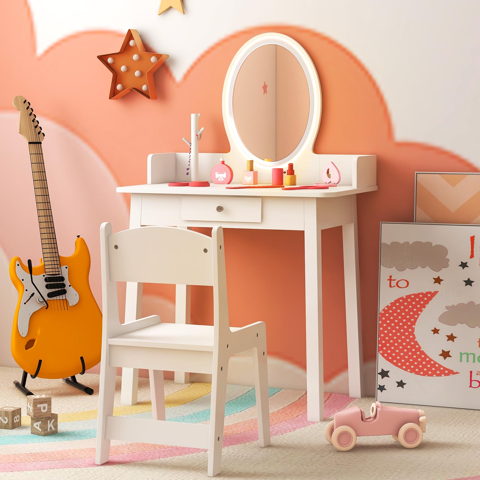Coiffeuse Enfant Fille GOPLUS Avec Lumière LED Bicolore, Miroir Ovale, Tiroir Et Chaise - Rose, Idéal 3-8 Ans