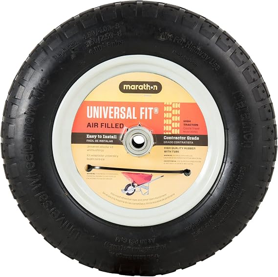 Marathon 14.5 Universal Replacement Wheelbarrow Wheel with Adapter Kit, Black