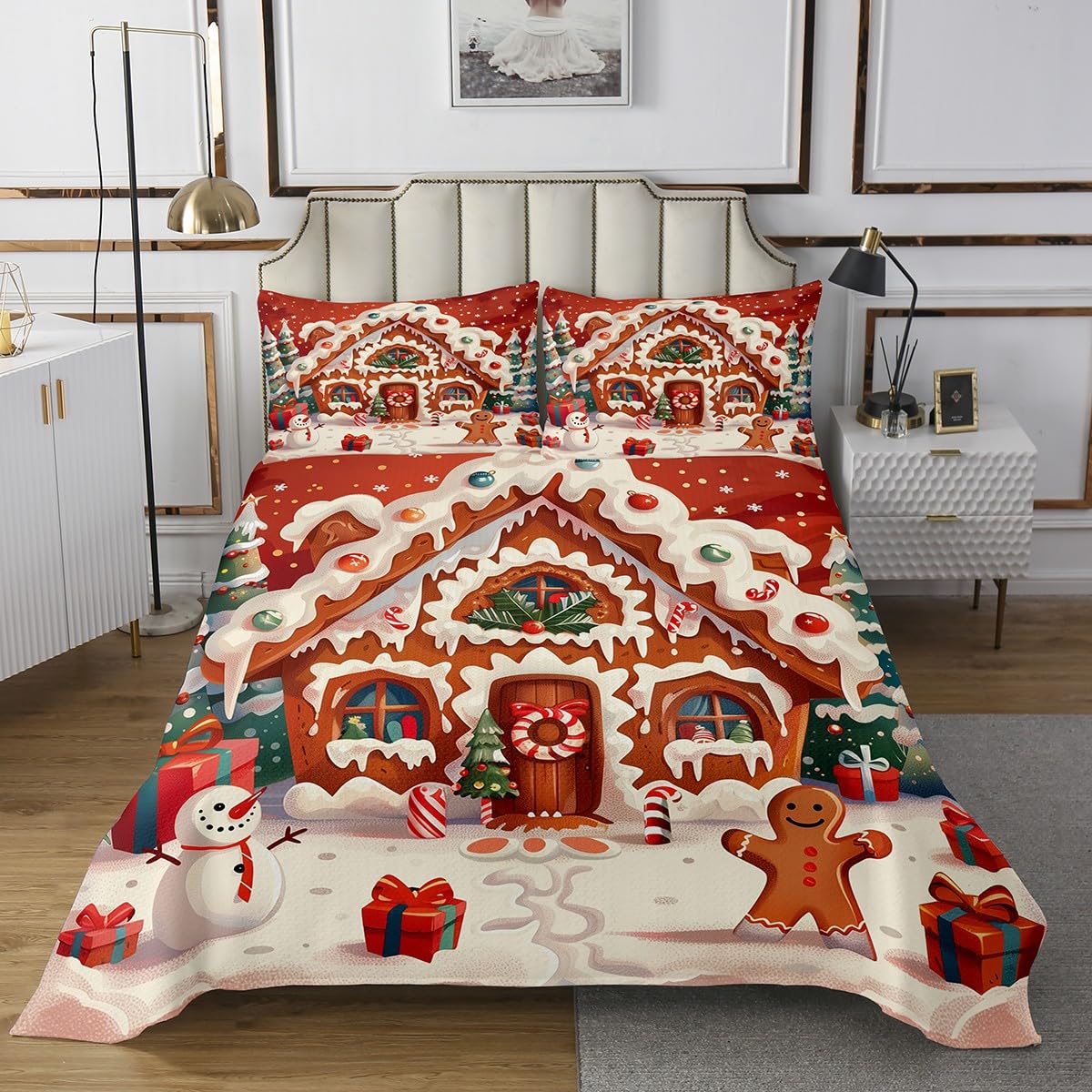 Feelyou Kids Christmas Theme Bedspread Queen Size Xmas Tree Gingerbread Man Snowman Candy House Coverlet Set for Boys Girls Happy New Year Winter Quilted Coverlet Room Decor