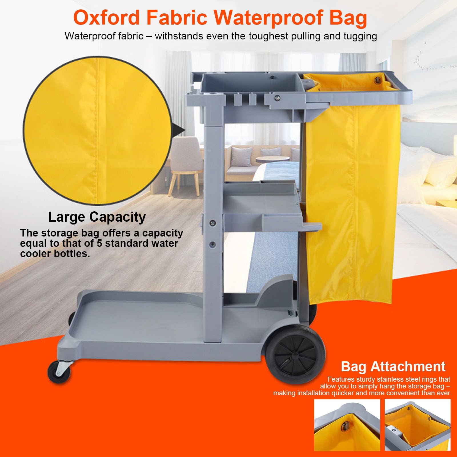 Carrito de limpieza de 3 estantes con ruedas silenciosas y bolsa de gran capacidad para hotel, oficina, hospital, uso comercial