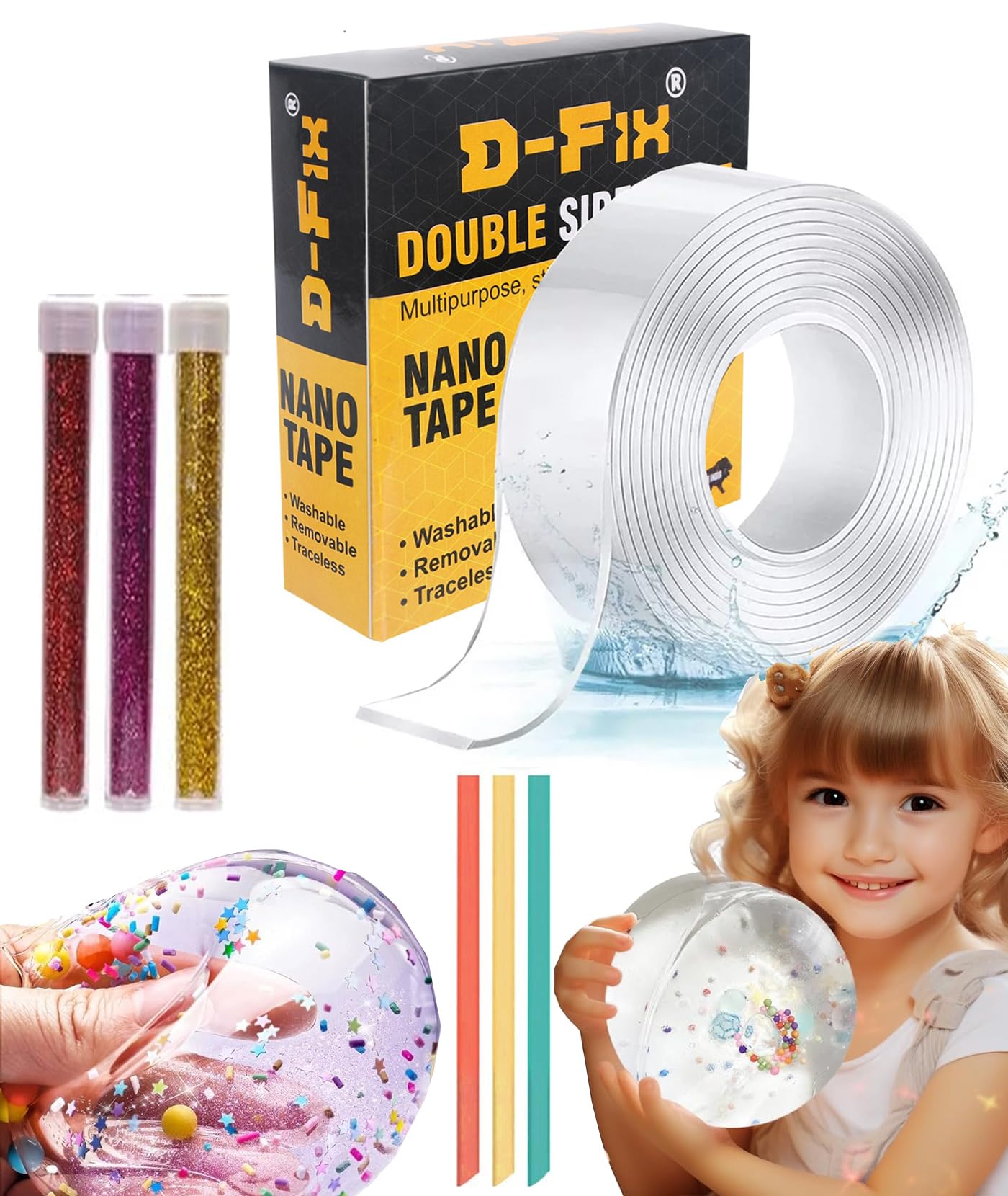 D-fix Nano Tape With 3 Glitter Flakes 3 Stars Straw For Balloon Double Sided Ivy Grip Tape For Walls Washable Reusable Strong Sticky Strips Multicolor Moon & Heart Art And Craft Diy Kit-image-7