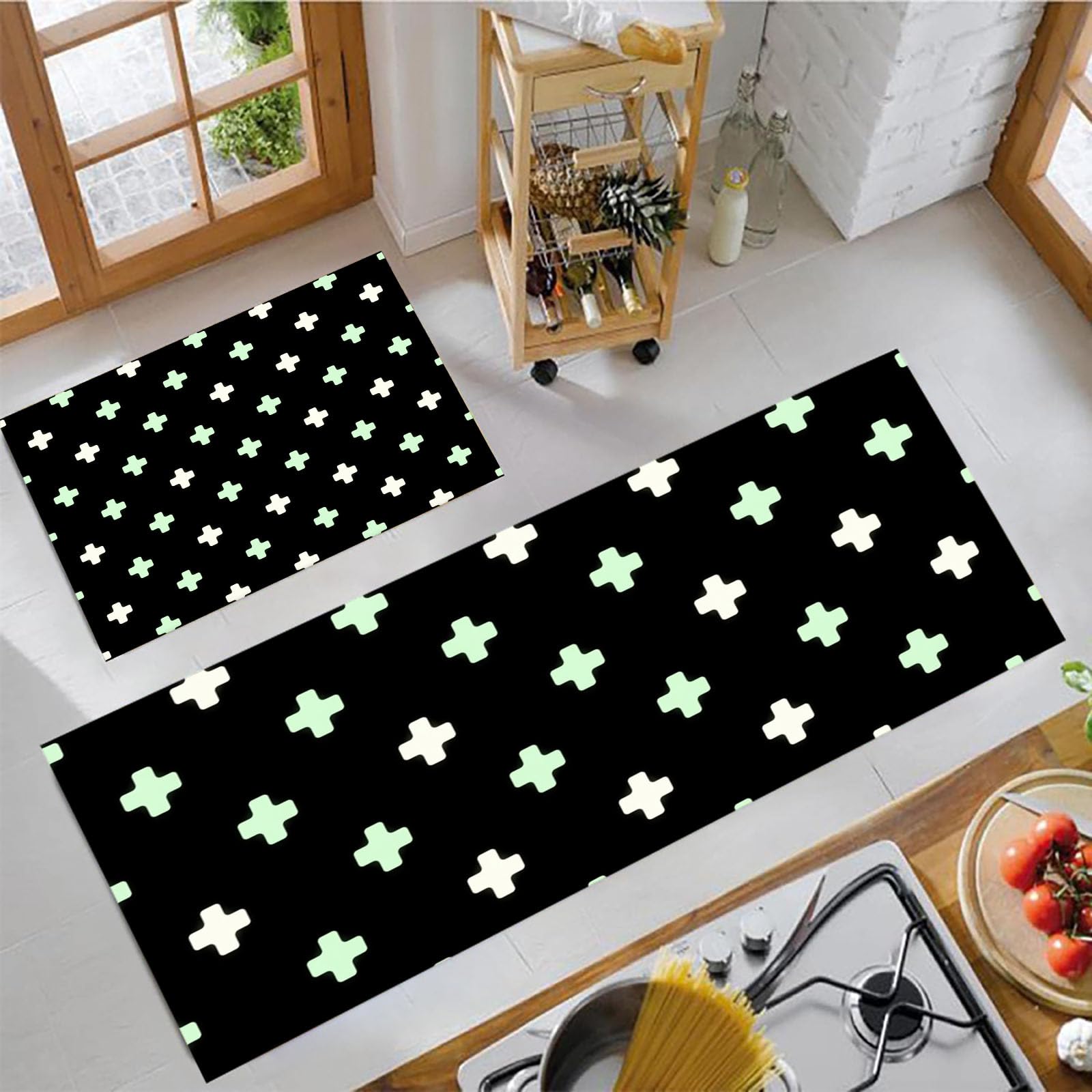 Juego de alfombras de cocina negro moderno alfombrilla absorbente lavable 2 piezas