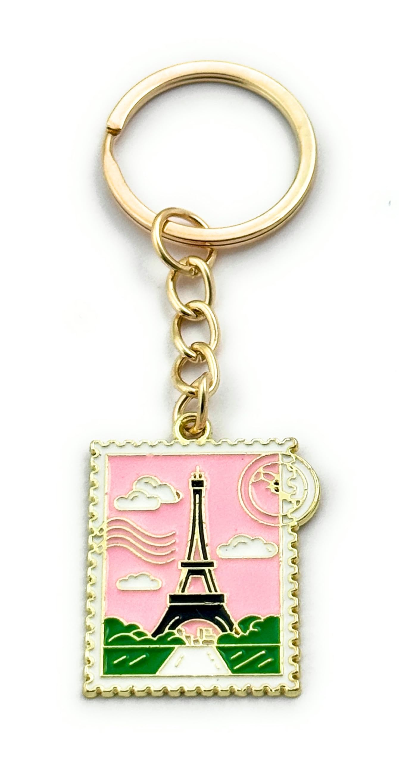 Eiffel Tower Paris Postage Stamp Keyring Key Ring with Enamel Charm and Gold Tone Keychain