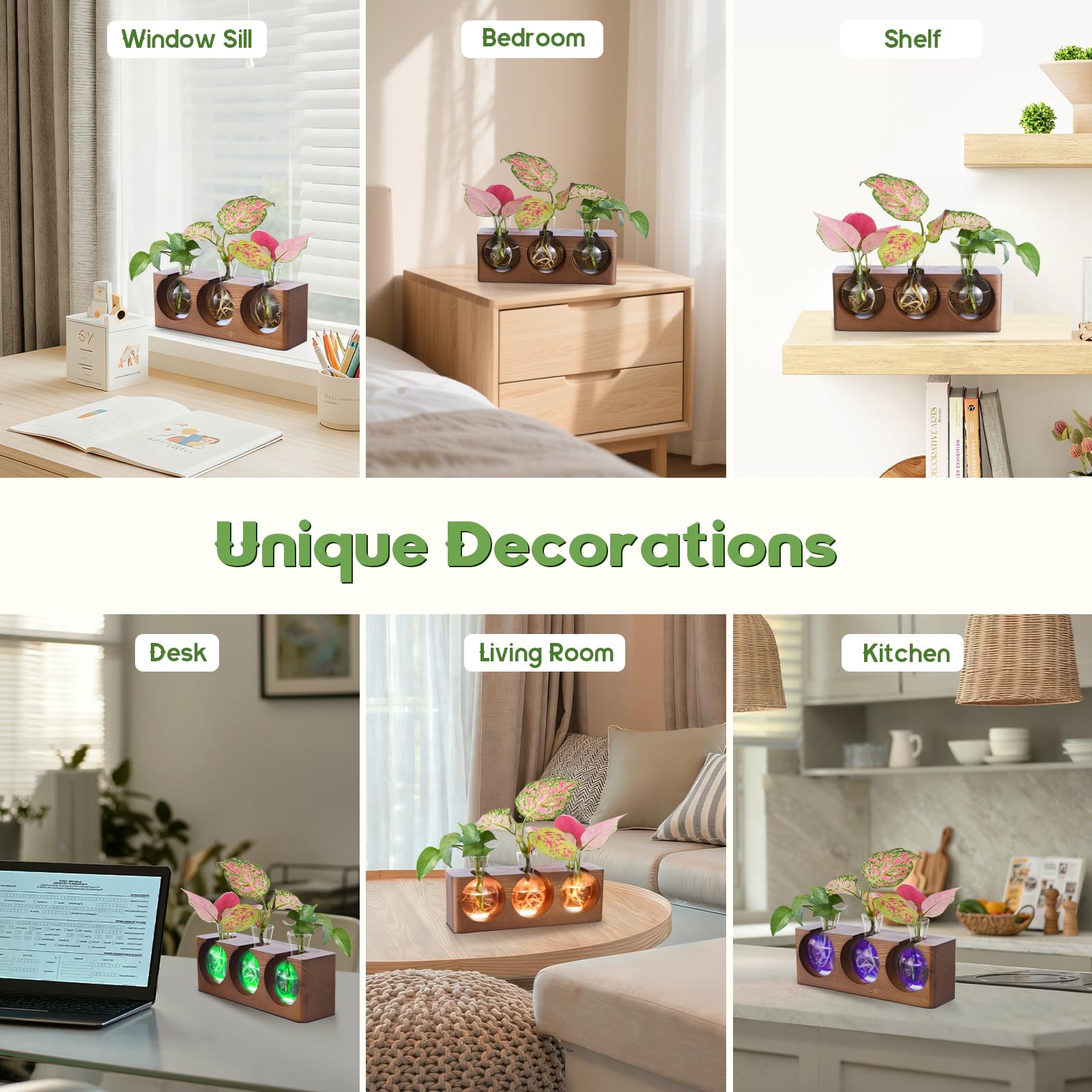 Station de propagation de plantes avec support en bois, terrarium avec 4 modes d'éclairage LED réglables à 9 niveaux, 3 vases de propagation en verre pour culture hydroponique, tubes de propagation