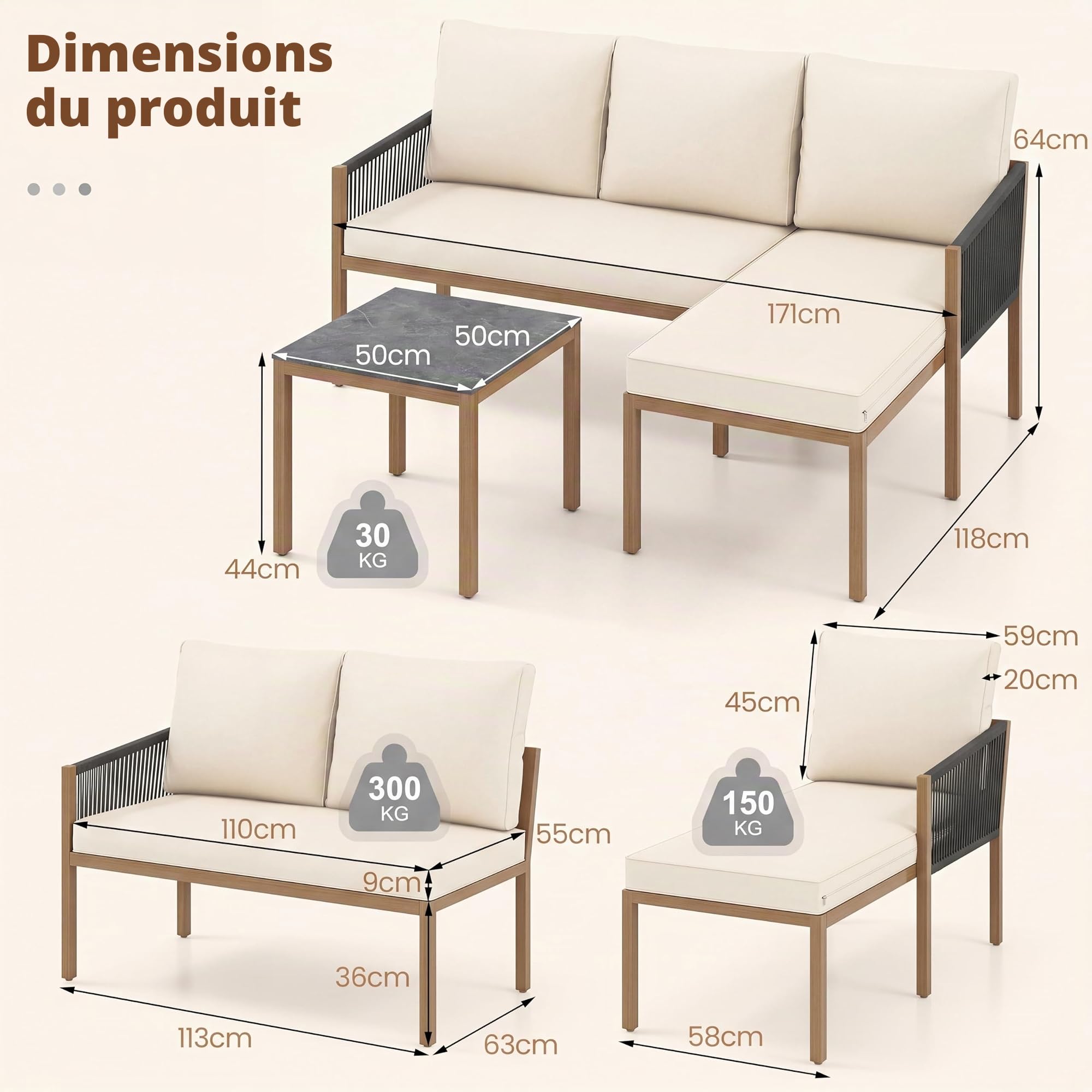GIANTEX Salon de Jardin Exterieur en Corde Tressée avec Canapé 2 Places, Méridienne, Canapé d'angle en L avec Table Basse Effet Marbre et Coussins Épais, Structure Métallique pour Terrasse Patio