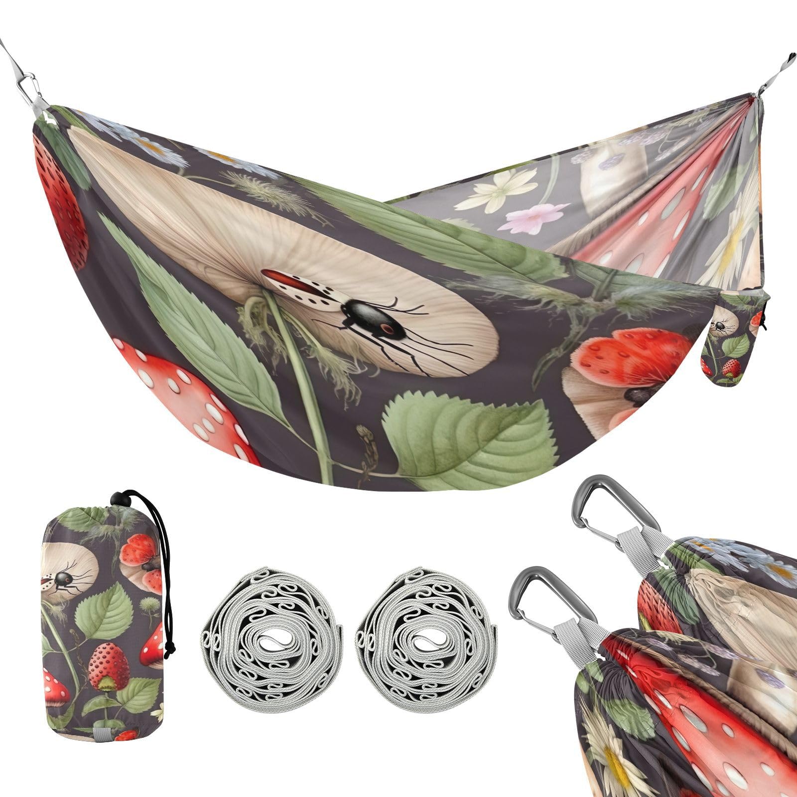 ATTX Mushroom Strawberry Camping Hammock - Lightweight & Portable Hammocks, Heavy Duty 330lbs Capacity for Indoor, Hiking, Backpacking, Travel, Backyard, Beach#299