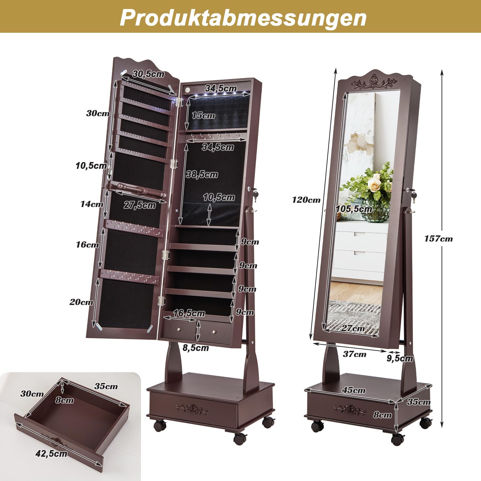 COSTWAY Armario para joyas con espejo, armario con espejo LED con cajón, organizador de joyas con cerradura, sobre ruedas, ideal para almacenamiento y maquillaje